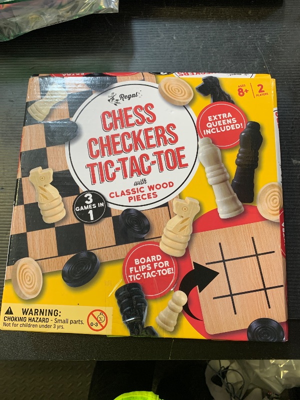 Photo 1 of Regal Games - Reversible Wooden Board for Chess, Checkers & Tic-Tac-Toe - 24 Interlocking Wooden Checkers and 32 Standard Chess Pieces - for Age 8 to Adult for Family Fun