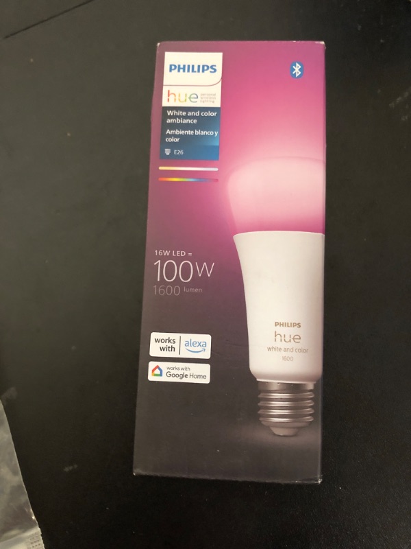 Photo 1 of Philips Hue Smart 100W A21 LED Bulb - White and Color Ambiance Color-Changing Light - 1 Pack - 1600LM - E26 - Indoor - Control with Hue App - Works with Alexa, Google Assistant and Apple Homekit
