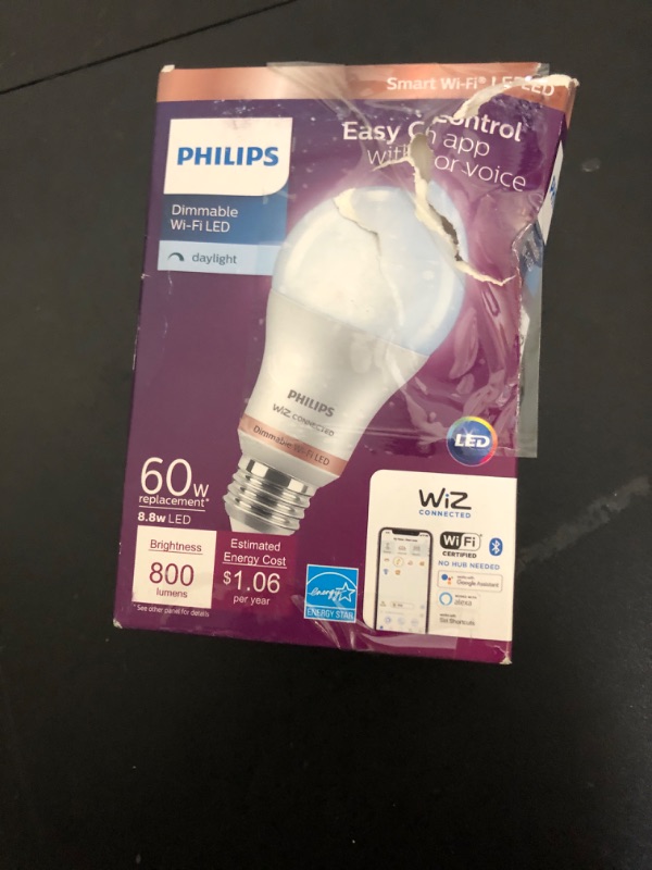 Photo 1 of Philips 60-Watt Equivalent A19 LED Daylight (5000K) Smart Wi-Fi Light Bulb powered by WiZ with Bluetooth (1-Pack) Model #  Store S