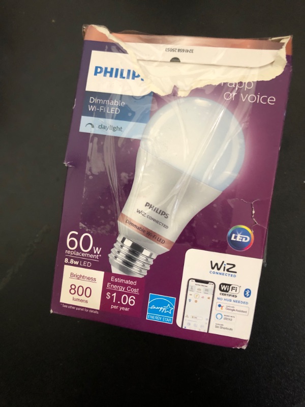 Photo 1 of Philips 60-Watt Equivalent A19 LED Daylight (5000K) Smart Wi-Fi Light Bulb powered by WiZ with Bluetooth (1-Pack) Model #  Store S