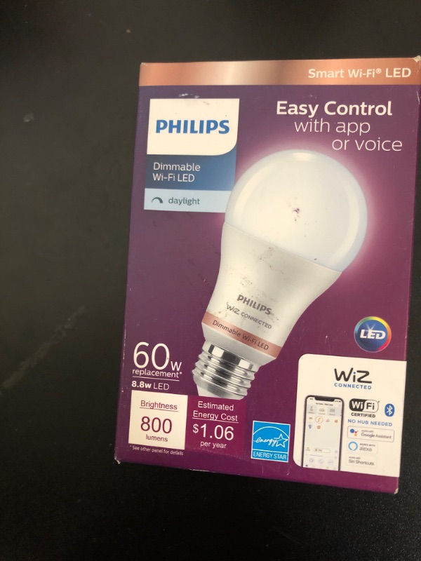 Photo 1 of Philips 60-Watt Equivalent A19 LED Daylight (5000K) Smart Wi-Fi Light Bulb powered by WiZ with Bluetooth (1-Pack) Model #  Store S