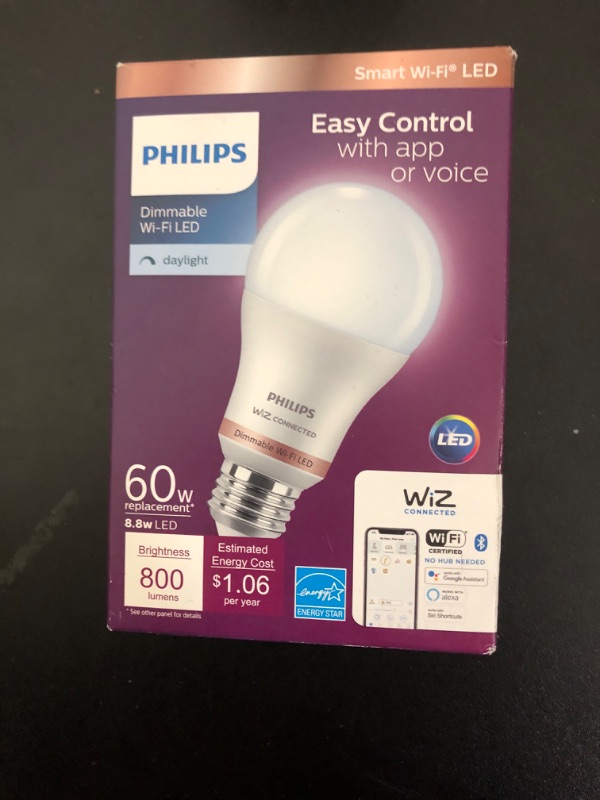 Photo 1 of Philips 60-Watt Equivalent A19 LED Daylight (5000K) Smart Wi-Fi Light Bulb powered by WiZ with Bluetooth (1-Pack) Model #  Store S