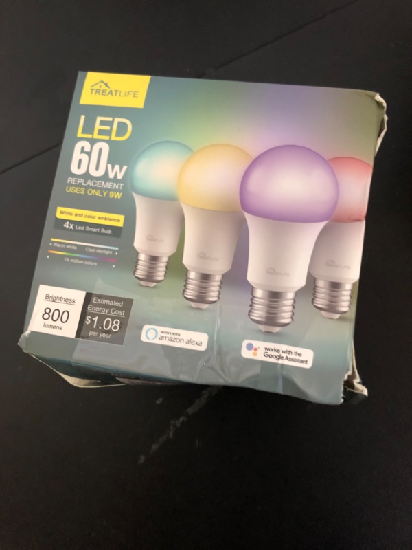 Photo 1 of TREATLIFE Smart Light Bulbs 4 Pack, UL Certified 2.4GHz Color Changing Light Bulb, Works with Alexa Google Home, A19 E26 Dimmable LED Light Bulb 9W 800 Lumen for Party Decoration, Smart Home Lighting