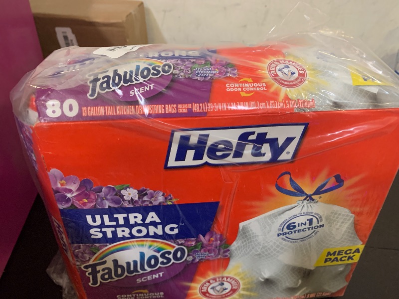 Photo 1 of Hefty Ultra Strong 13 Gallon Trash Bags, Tall Kitchen Trash Bags 13 Gallon Size, Resist Leaks, Punctures, and Rips, Continuous Odor Control, White, Fabuloso Scent, 80 Bags