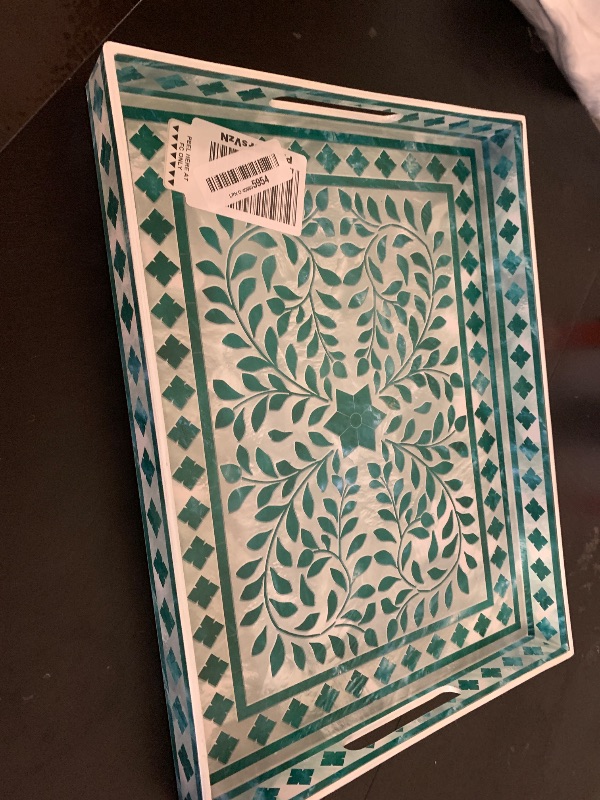 Photo 1 of MAONAME Rectangular Decorative Tray, Plastic Serving Tray with Handles, Modern Green Trays for Ottoman, Coffee Table Trays for Living Room, Home Decor, 15.7" x 11.8" x 1.6"