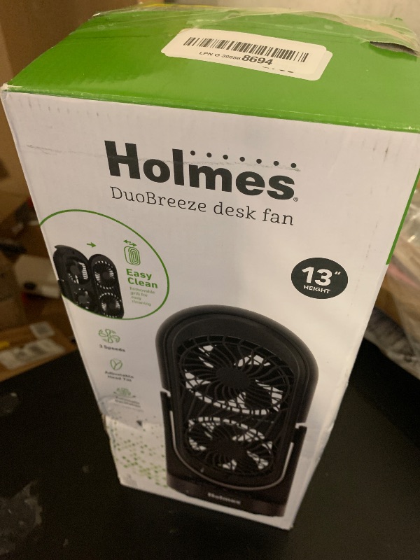 Photo 1 of Holmes DuoBreeze Dual Blade 13” Desk Fan – Clean Breeze Technology, Adjustable Tilt Head, 3 Speeds, Space-Saving Design, Easy to Clean, 8-Hour Timer – Ideal for Home or Office Use
