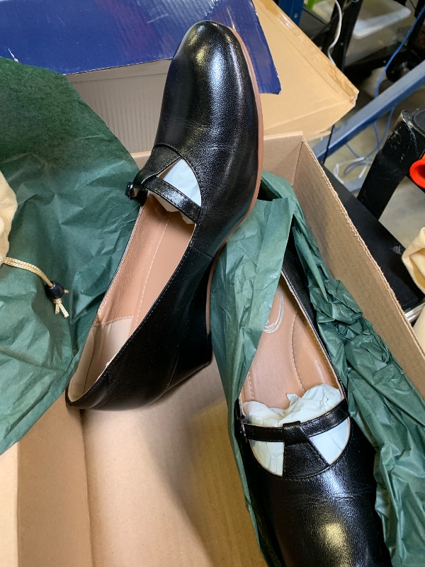 Photo 1 of Mona flying Women's Leather Closed Toe Mary Jane Wedge Pumps Round Toe Mid Heel Dress Shoes for Women Ladies Pure-Black