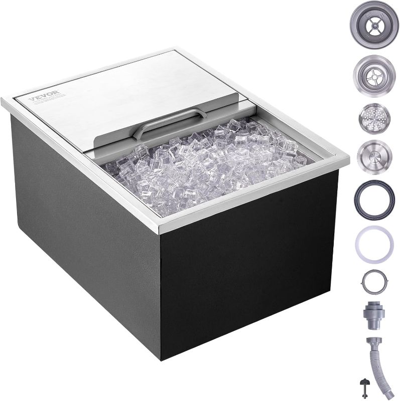 Photo 1 of VEVOR Drop in Ice Chest, 24"L x 18"W x 13"H Stainless Steel Ice Cooler, Commercial Ice Bin with Sliding Cover, 40.9 qt Outdoor Kitchen Ice Bar, Drain-pipe and Drain Plug Included, for Cold Wine Beer
