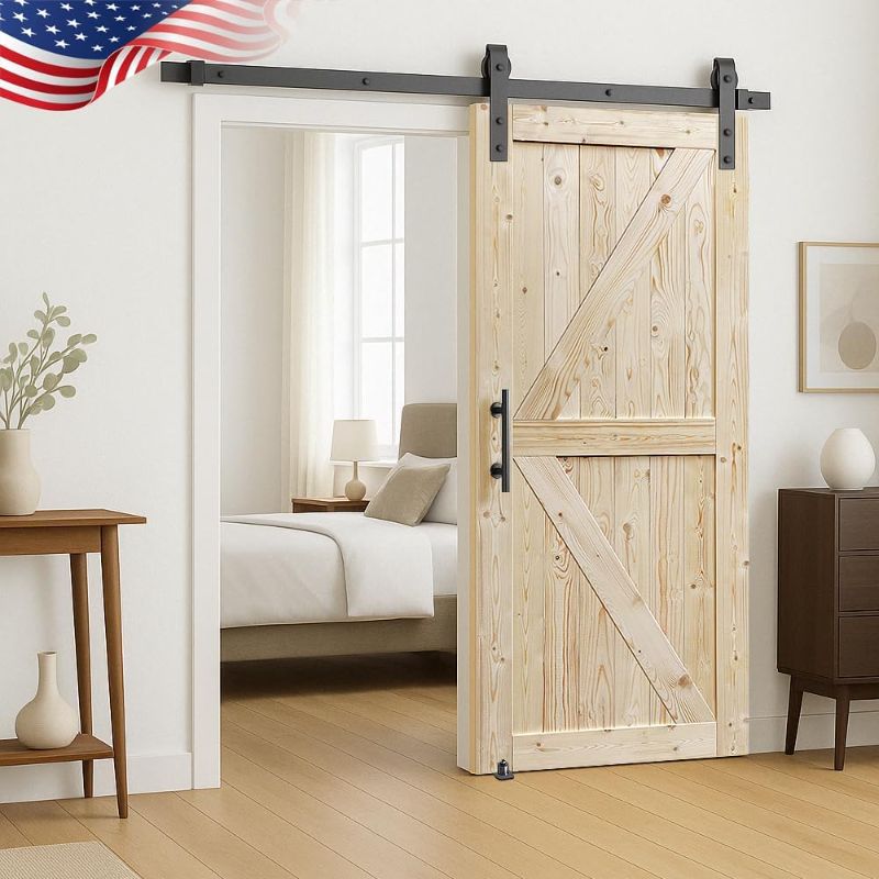 Photo 1 of S&Z TOPHAND 36 in x 96 in Unfinished British Brace Knotty Barn Door with 6.6FT Sliding Door Hardware Kit/Double Surfaces/Simple Assembly is Required
