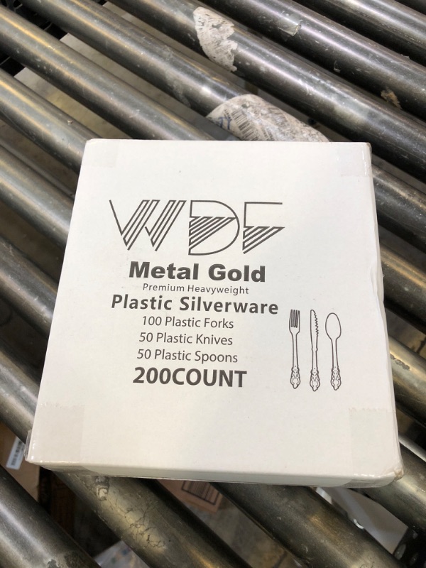 Photo 1 of WDF 200 Pieces Gold Plastic Silverware Disposable - 50 Guests Heavy Duty Thanksgiving Gold Plastic Cutlery - Disposable Utensils Includes 100 Forks, 50 Spoons, 50 Knives Perfect for Party/Weeding