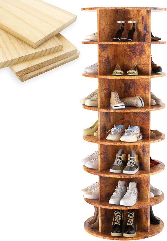 Photo 1 of Rotating Shoe Rack Tower, 7-Tier Spinning Shoe Rack, Free Standing 360° Revolving Shoe Organizer, Lazy Susan Shoe Rack for Entryway, Fits 28 Pairs of Shoes (7-Tier Rustic Brown)
