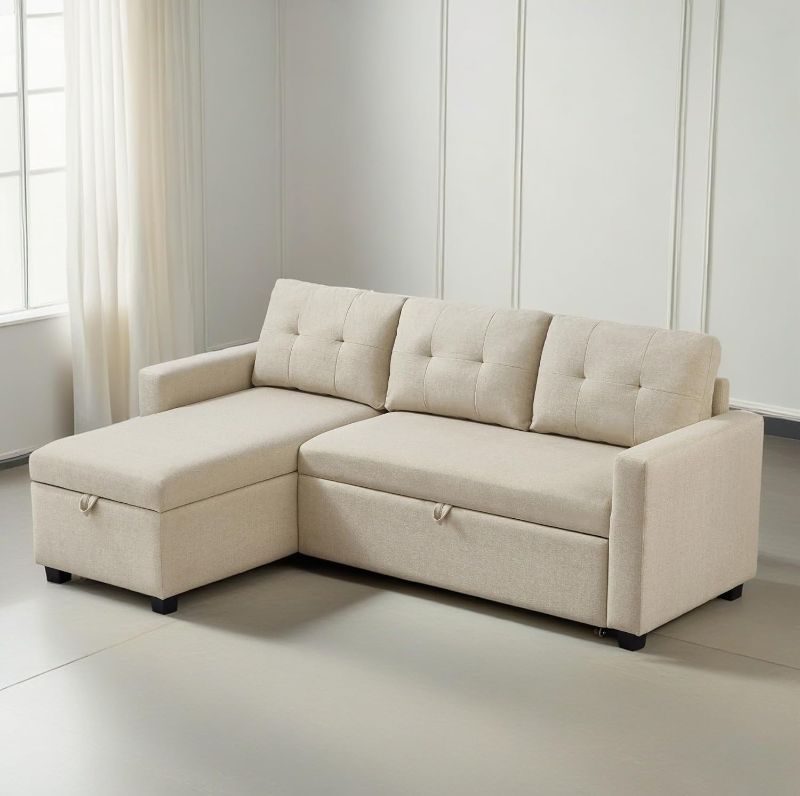 Photo 1 of 81.5" L-Shape Sleeper Sectional Sofa with Storage Chaise & Pull-Out Bed, Convertible Corner Couch W/ 3 Removable Back Cushions for Living Room,Apartment,Office
