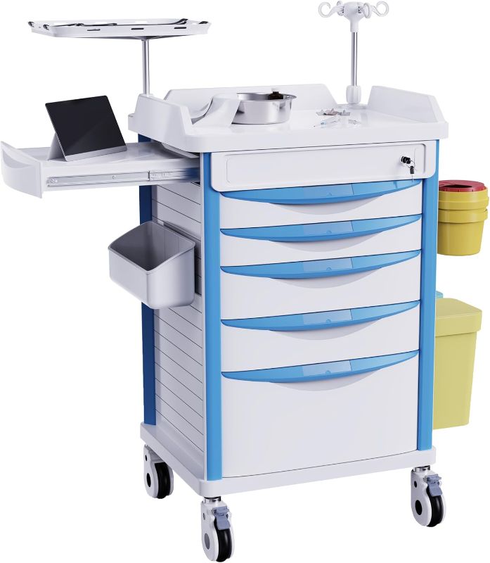 Photo 1 of OLERN Adjustable Rolling Medical Storage Crash Cart - Includes Silent Casters, IV Pole, Needle Disposal Holder, Trash Bin & O2 Holder - Ideal Nursing Trolley for Clinics, Hospitals
