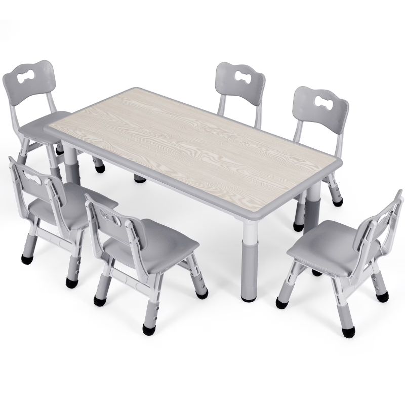 Photo 1 of Arlopu Sturdy Kids Table and 6 Chairs Set, HDPE Toddler Study Activity Table Set with Graffiti Tabletop, Adjustable Height
