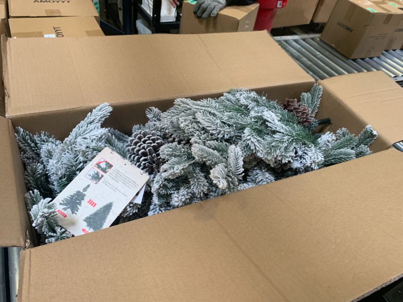 Photo 1 of 5 FT Snow Flocked Slim Fir Christmas Tree with 671 PE & PVC Mixed Branch Tips,Unlit Artificial Skinny Pencil Xmas Tree with 25 Pine Cones,Hinged Premium Xmas Trees for Home,Office,Party Decoration