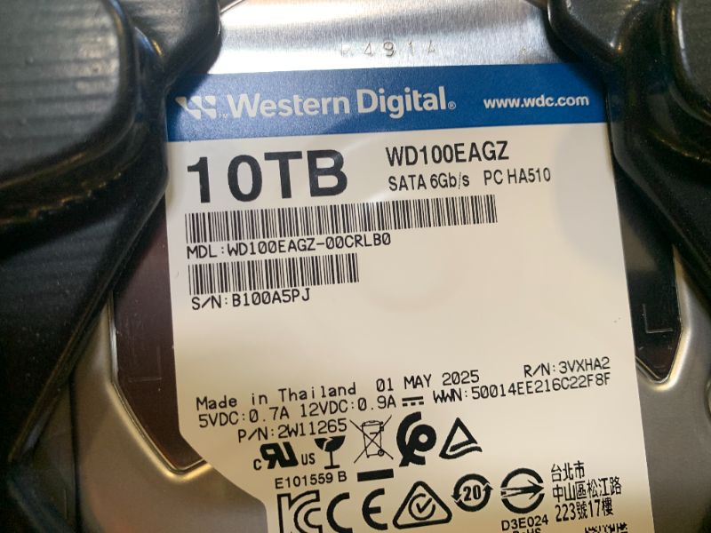Photo 1 of Western Digital 10TB WD Blue Internal Hard Drive HDD - 7200 RPM, SATA 6 Gb/s, 512 MB Cache, 3.5" - WD100EAGZ