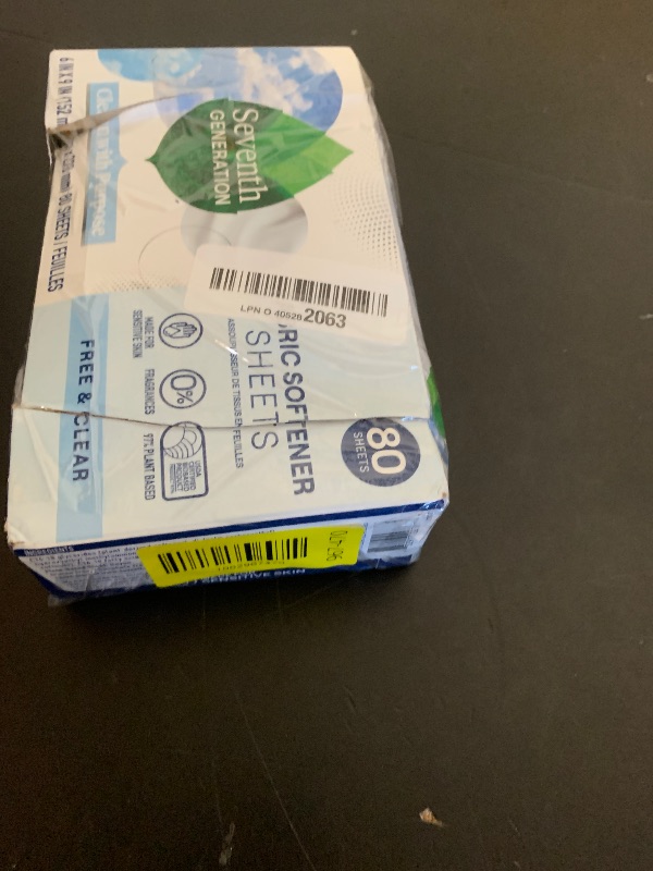 Photo 1 of Seventh Generation Dryer Sheets Laundry Fabric Softener, Free & Clear Made for Sensitive Skin, 80 Sheets