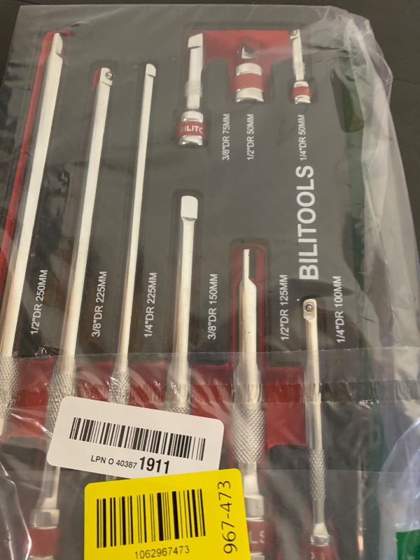 Photo 1 of BILITOOLS 9 PCS Ratchet Extension Set, 1/4" 3/8" 1/2" Drive Extension Set, CR-V Steel with Mirror Chrome Plating, EVA-Foam Tray