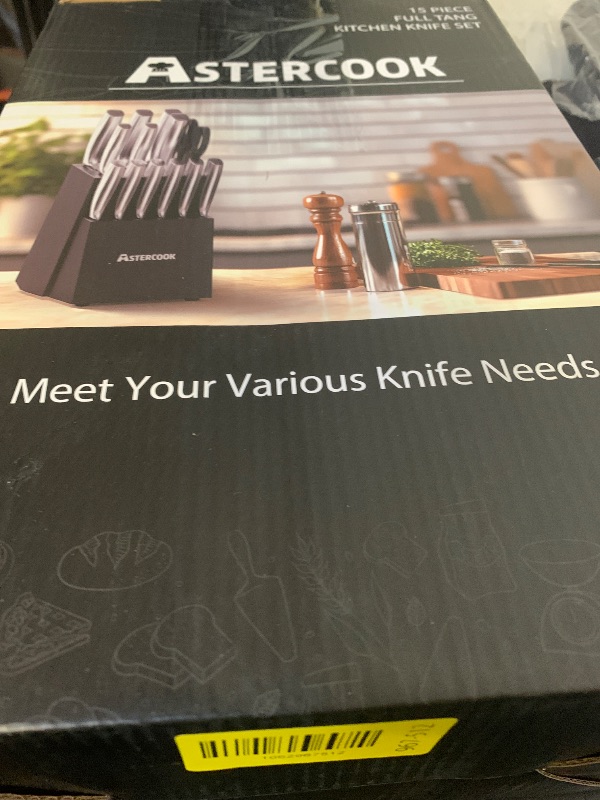 Photo 1 of Astercook Knife Set, Kitchen Knives Set with Block and Sharpener Full Tang 15 Pcs Premium Stainless Steel Knives Ultra Sharp Blade Dishwasher Safe Knife Set with Anti-slip Ergonomic Handle, Walnut