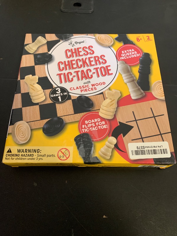 Photo 1 of Regal Games - Reversible Wooden Board for Chess, Checkers & Tic-Tac-Toe - 24 Interlocking Wooden Checkers and 32 Standard Chess Pieces - for Age 8 to Adult for Family Fun