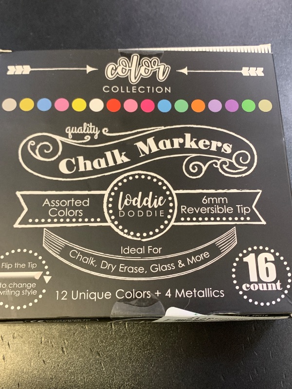 Photo 1 of Loddie Doddie Chalk Markers - Pack of 16, 6mm Reversible Bullet & Chisel Tips - Non-Toxic Dust-Free Erasable Liquid Chalk Ink - Dry Erase Markers for Glass, Windows & Whiteboards
