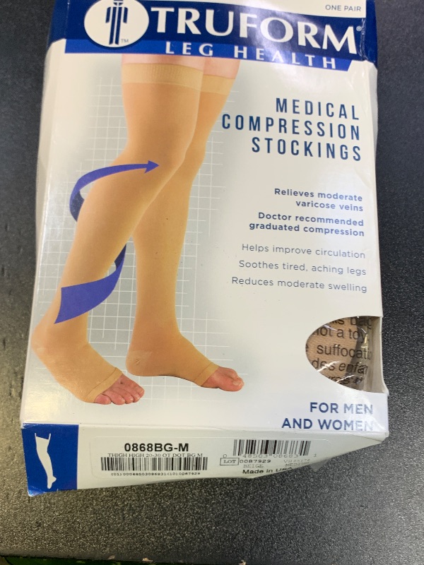 Photo 1 of Truform 20-30 mmHg Compression Stockings for Men and Women, Thigh High Length, Dot-Top, Open Toe, Beige, Medium