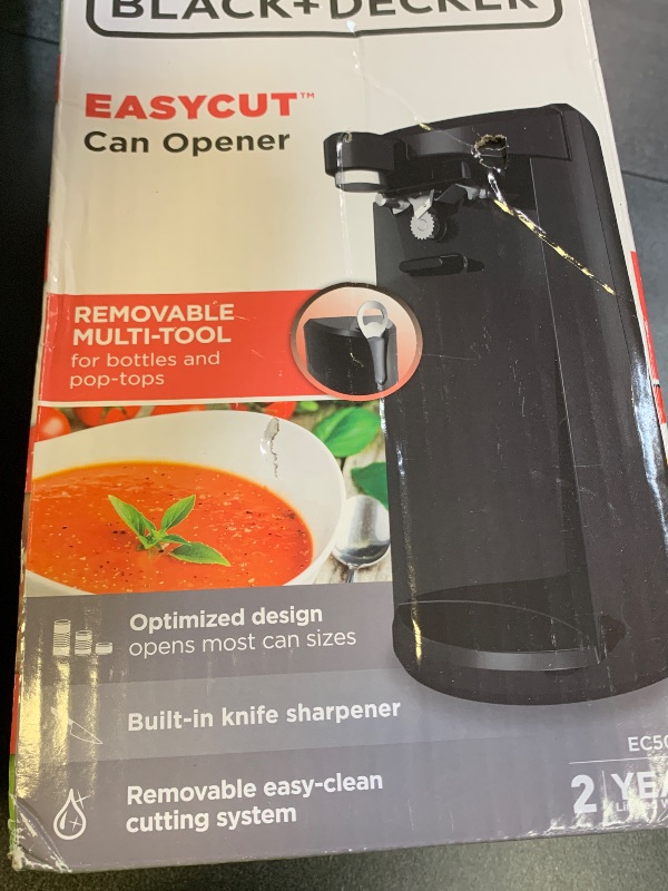 Photo 1 of BLACK+DECKER EasyCut Extra-Tall Can Opener, EC500B, Removable Multi-Tool, Knife Sharpener, One-Touch Lever