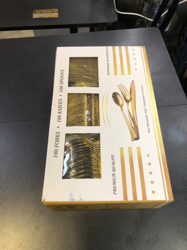 Photo 1 of N9R 300PCS Gold Plastic Silverware, Heavy Duty Gold Plastic Cutlery Set Disposable Flatware Dinnerware, 100 Forks, 100 Spoons, 100 Knives, Perfect for Party, Wedding and Daily Use