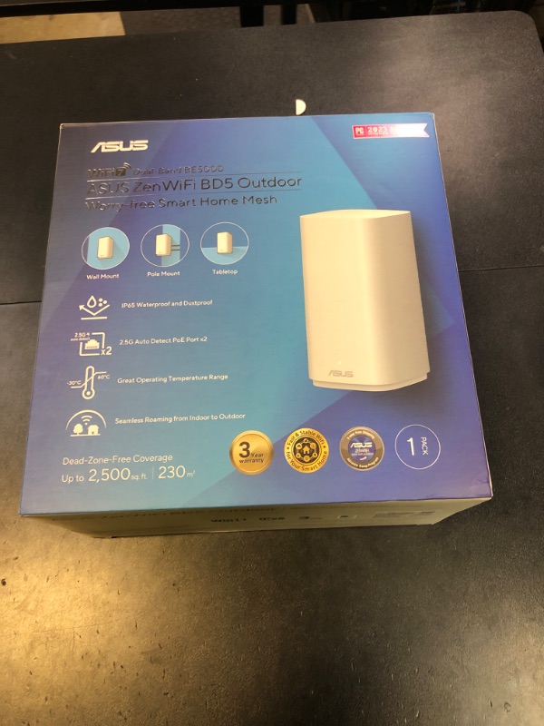 Photo 1 of ASUS ZenWiFi BD5 Outdoor Dual-Band WiFi 7 Mesh, 5000 Mbps, 2500 sq. ft. (1pk), Dual 2.5G Ports, IP65, PoE Powered, Wall and Pole Mount, VPNs