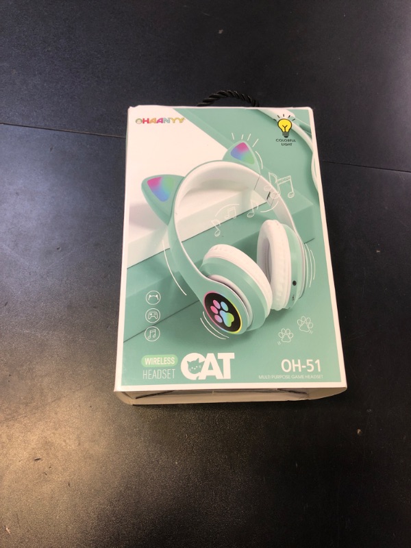 Photo 1 of KERHAND Bluetooth Headphones for Kids, Cute Ear Cat Ear LED Light Up Foldable Headphones Stereo Over Ear with Microphone/TF Card Wireless Headphone for iPhone/iPad/Smartphone/Laptop/PC/TV (Green)