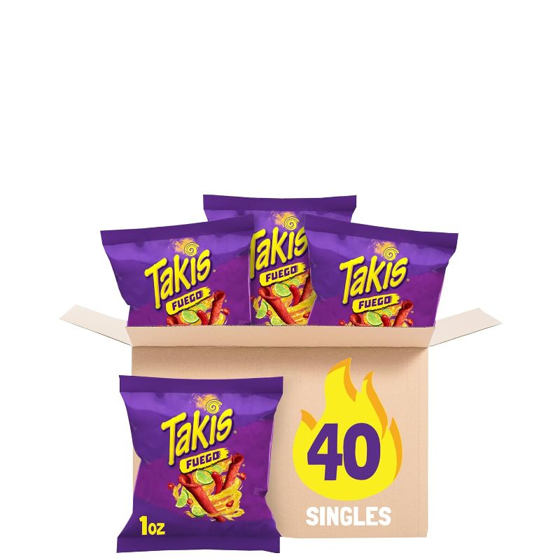 Photo 1 of Takis Fuego 40 pc / 1 oz Multipack - Hot Chili Pepper & Lime Flavored Extreme Spicy Rolled Tortilla Chips - Individual Bags, Perfect for Tailgates, Parties, Lunchboxes or Lunches EXP JAN/2026
