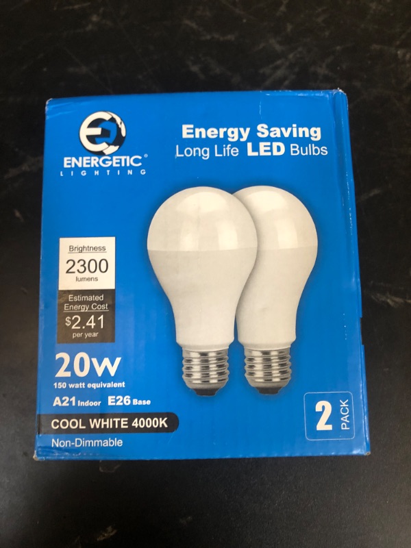 Photo 1 of ENERGETIC SMARTER LIGHTING 150 Watt LED Light Bulb, Super Bright A21 LED Bulb Cool White 4000K, Non-Dimmable, 2300lm, High Lumen Light Bulbs, UL Listed, 2 Pack