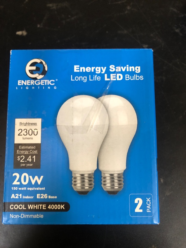Photo 1 of ENERGETIC SMARTER LIGHTING 150 Watt LED Light Bulb, Super Bright A21 LED Bulb Cool White 4000K, Non-Dimmable, 2300lm, High Lumen Light Bulbs, UL Listed, 2 Pack