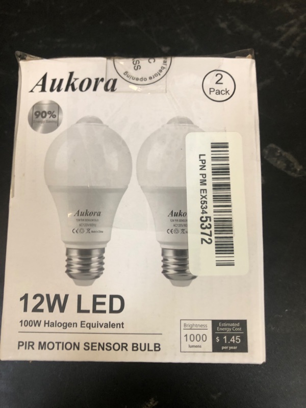 Photo 1 of Aukora Motion Sensor Light Bulbs, 12W (100-Watt Equivalent) E26 Motion Activated Dusk to Dawn Security Bulb Outdoor/Indoor for Front Door Porch Garage Basement Hallway Closet(Cold White 2 Pack)