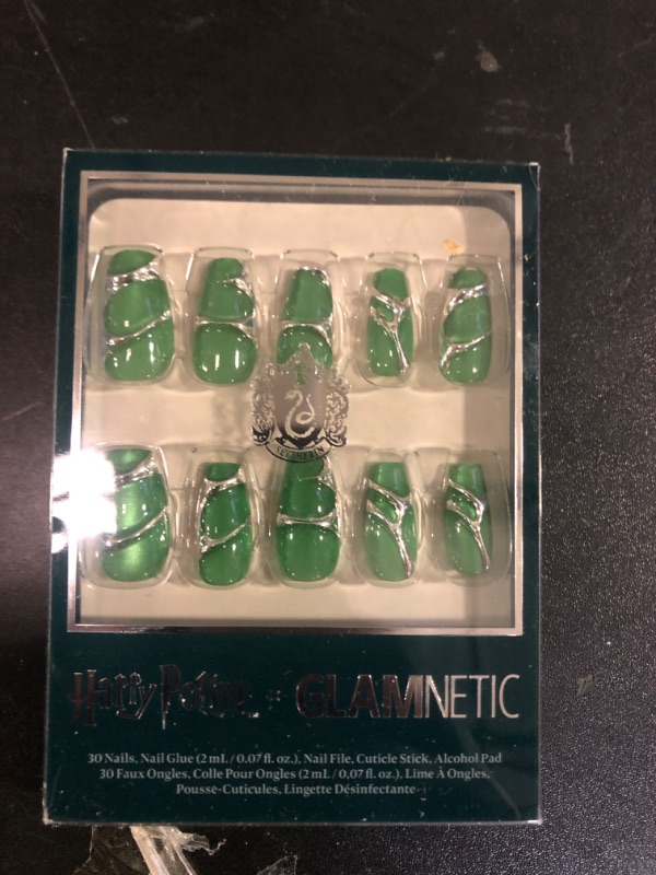 Photo 1 of Glamnetic Press On Nails x Harry Potter™ - Salazar Slytherin™ | Medium Coffin Fake Nails with 3D Silver Design & Velvet Finish, Salon Quality Officially Licensed | 15 Sizes - 30 Nail Kit with Glue