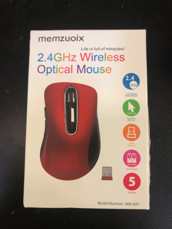 Photo 1 of memzuoix 2.4G Wireless Mouse, 1400 DPI Mobile Optical Cordless Mouse with USB Receiver, Portable Computer Mice for Laptop, PC, Desktop, MacBook, 5 Buttons, Red