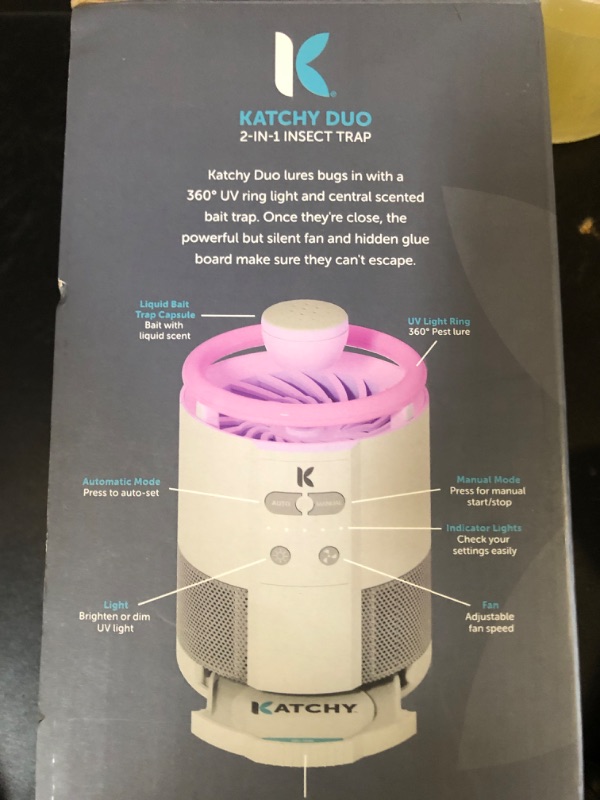 Photo 1 of Katchy Duo – Indoor Fly Trap with Scent Pod – Day & Night Effective – Mosquito, Fruit Fly, Gnat & Small Moth Killer – Non-Zapper Trap with UV Bug Light & Fan Suction (White)