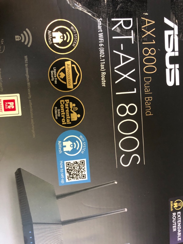 Photo 1 of ASUS RT-AX1800S Dual Band WiFi 6 Extendable Router, Subscription-Free Network Security, Parental Control, Built-in VPN, AiMesh Compatible, Gaming & Streaming, Smart Home