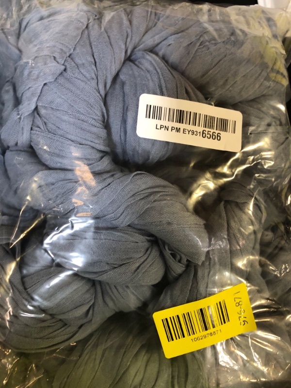 Photo 1 of RestfulGlow 6 Pack Dusty Blue Cheesecloth Table Runner 10FT Boho Gauze Fabric Table Runner 35 x 120 Inch Rustic Sheer Runner for Centerpiece Wedding Decor Baby Shower Party Boho Table Decoration