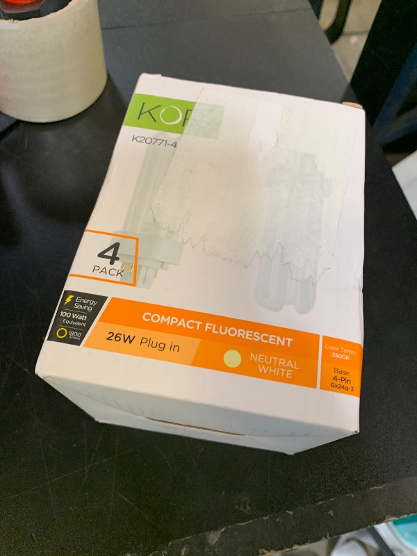 Photo 1 of KOR (Pack of 4 26 Watt Triple Tube - GX24Q-3 (4 Pin) Base -3500K White - CFL Light Bulb - Replaces Sylvania 20881 CF26DT/E/IN/835 - Philips 268243 PL-T 26W/35/4P/ALTO - GE 97616 F26TBX/835/A/ECO