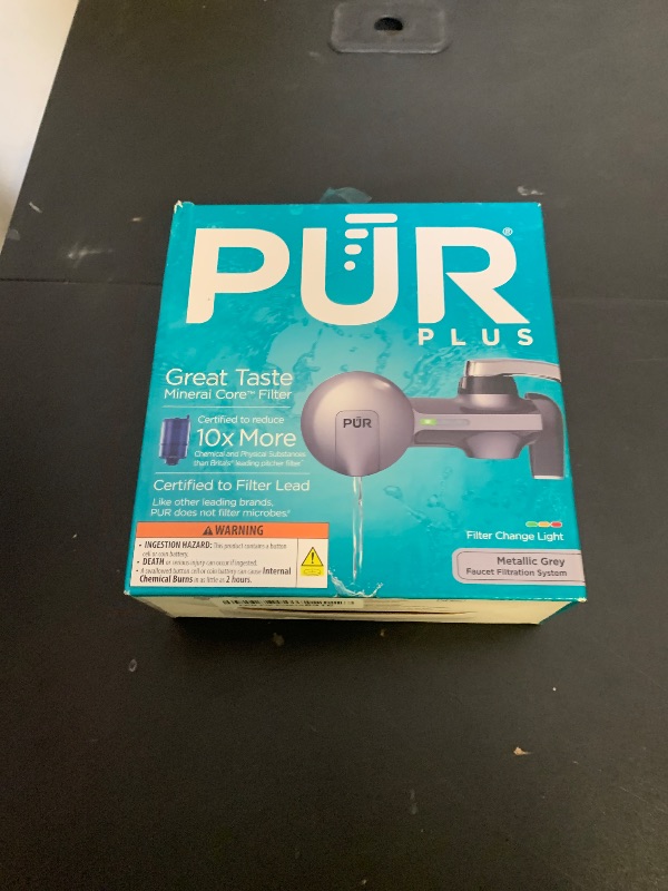 Photo 1 of PUR Plus Horizontal Faucet Mount Filtration System with 3-in-1 Lead Reducing Filter, Water Filter for Sink, Lasts 100 Gallons, Compatible with Sinks with External Aerators, Metallic Grey