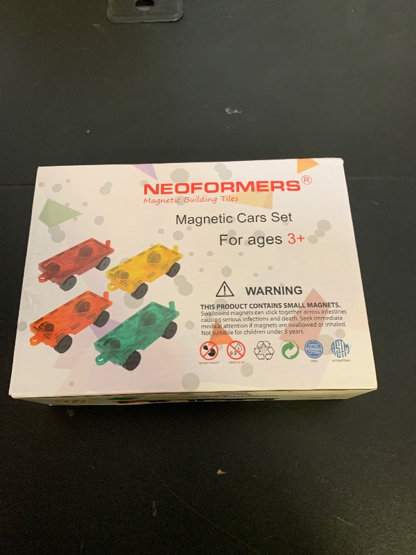 Photo 1 of NEOFORMERS Magnetic Tiles Car Building Kit for Toddlers, 4 PCS Magnet Construction Trucks, STEM Toys for 3-8 Year Old Boys Girls, Educational Vehicle Engineering Set