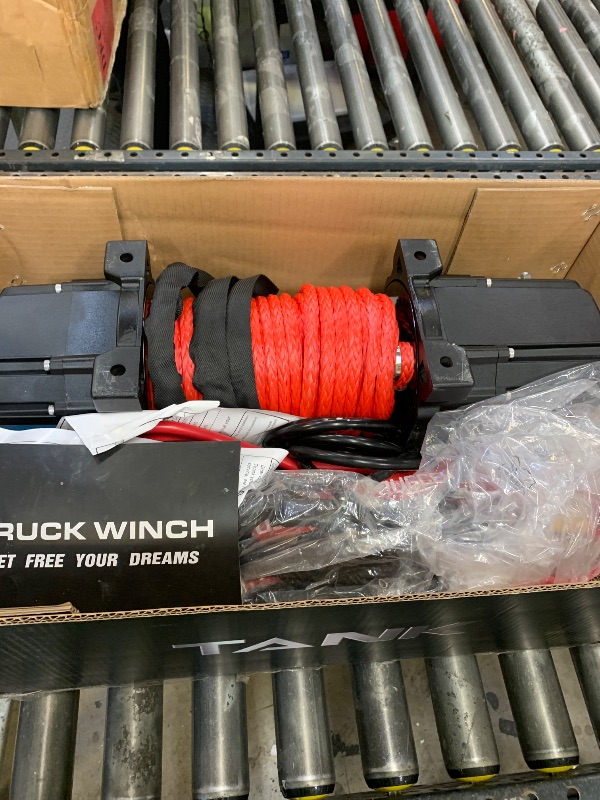 Photo 1 of RUGCEL WINCH 13500lb New Waterproof Electric Synthetic Rope Winch 12V with Hawse Fairlead,2 in 1 Infrared Remote Control,Wired Control,Red Rope,for Truck SUV