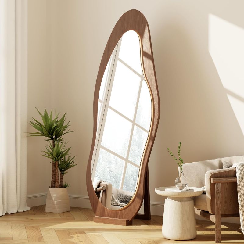 Photo 1 of WoodsWhisper 69"x 24" Wavy Mirror Full Length,Lights Irregular led Full Length Mirror, Wavy Wall Mirror,Shatter-Proof Hanging or Leaning Against Wall for Cloakroom/Bedroom/Living Room,Walnut
