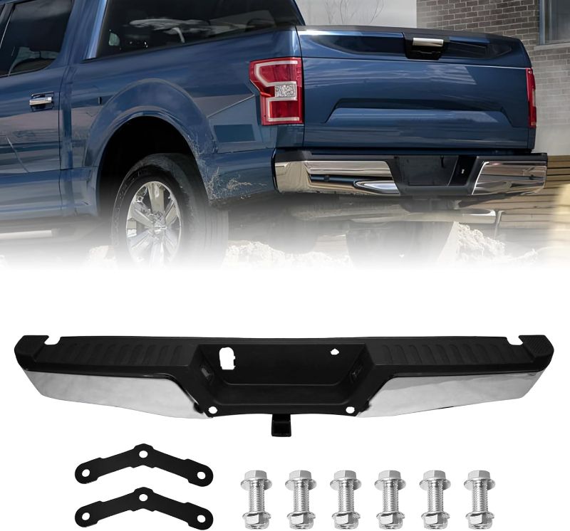 Photo 1 of Rear Step Bumper Assembly Compatible with Ford F150 Pickup 2015-2019 Chrome Steel Rear Bumper With Max Tow Hitch Without Parking Sensor Holes Replacement