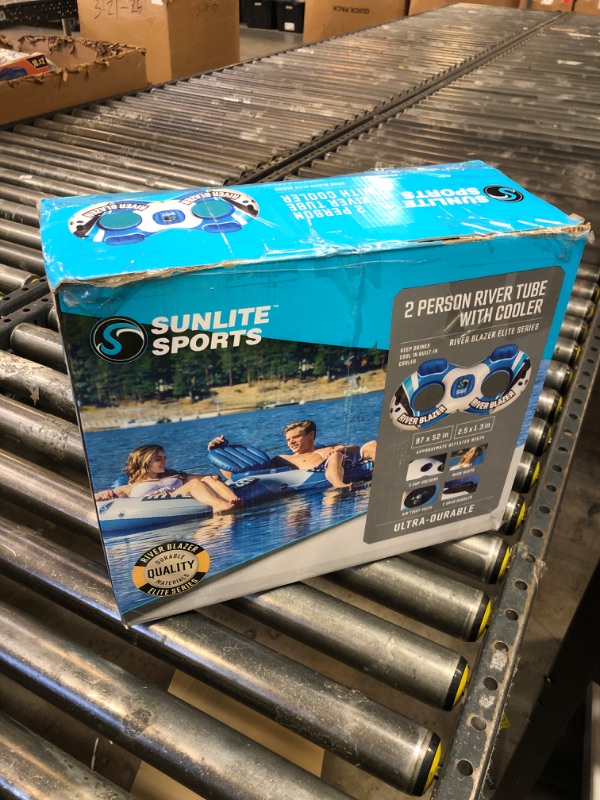 Photo 1 of Sunlite Sports 2-Person River Raft Inch Inflatable, Water Float to Lounge Above Lake and River, Outdoor Water Tube Sport Fun, Recreational Use, Water Cooler, Two Grip Handles, Cup Holder, Grab Rope