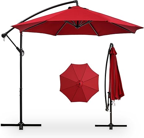 Photo 1 of 10ft Offset Patio Umbrella, Cantilever Umbrella, Hanging Outdoor Umbrellas with 8 Ribs, Market Umbrella w/UV Protection Waterproof for Market/Backyard/Pool/Garden/Lawn, Handy Crank&Cross Base