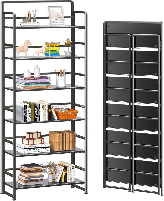 Photo 1 of 4NM No Assembly 6 Tiers Folding Bookshelf Storage Shelves Vintage Bookcase Standing Racks Study Organizer Home Office (All Black)