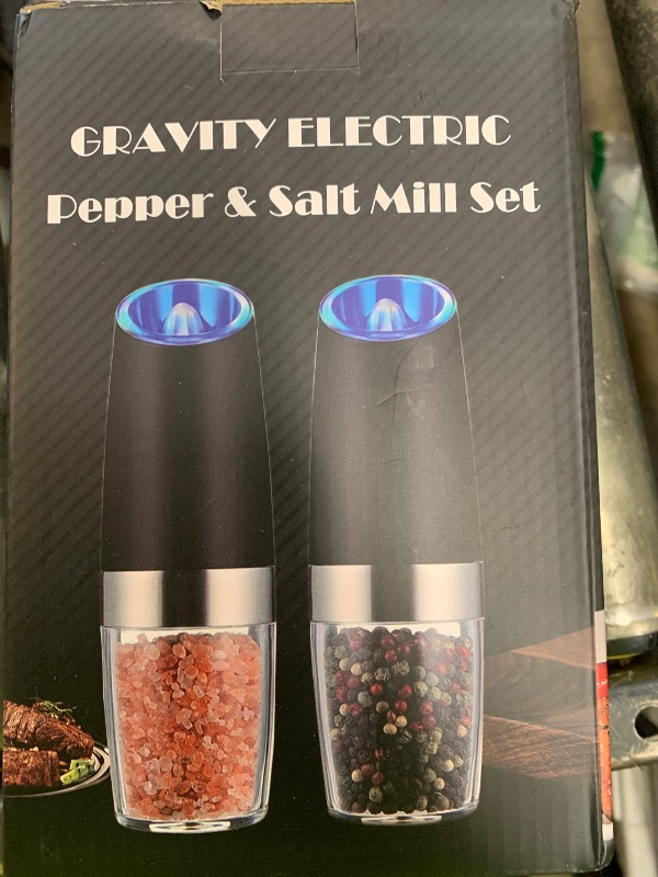 Photo 1 of XinXu Gravity Electric Pepper and Salt Grinder Set, Adjustable Coarseness, Battery Powered with LED Light, One Hand Automatic Operation -Light Grey/2 Pack