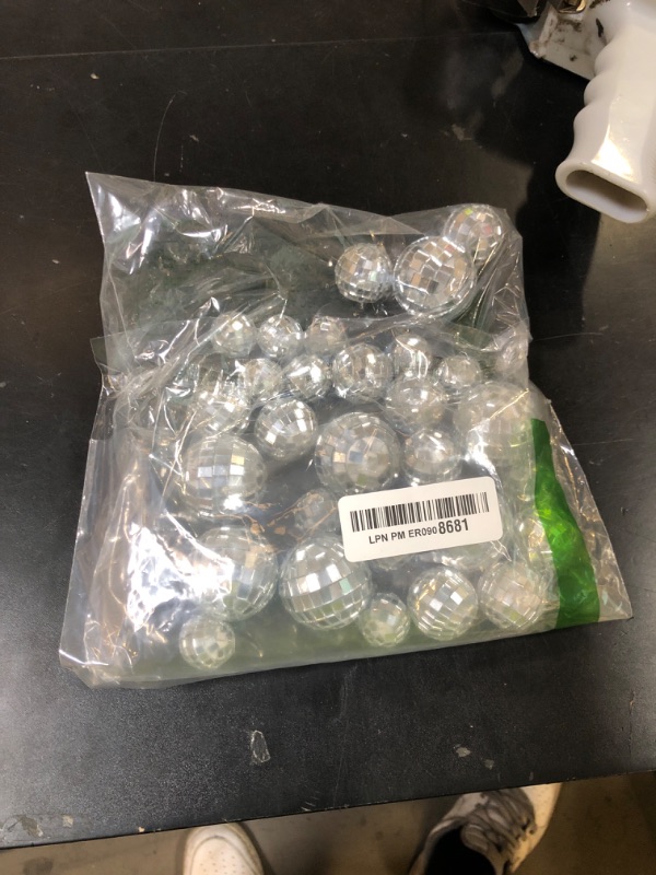 Photo 1 of 30 PCS Disco Balls Cake Decoration, Small Silver Reflective Mirror Ball Disco Table Decor 70s Disco Themed Party Supplies for Festive, 4 Sizes